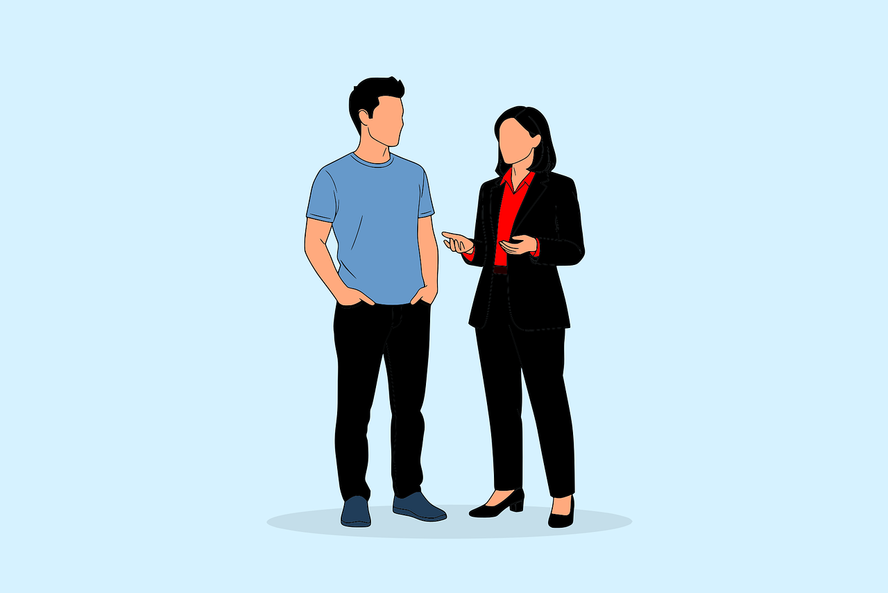 Illustration de deux personnes discutant, représentant le déroulement du premier entretien avec un avocat francophone en Autriche.